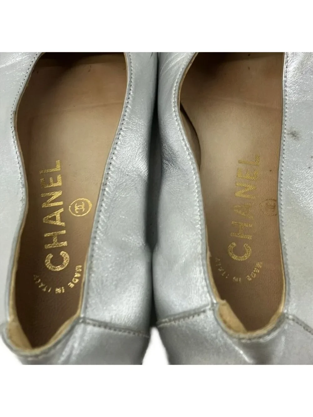 Chanel Flat Shoes Silver CC Logo Leather